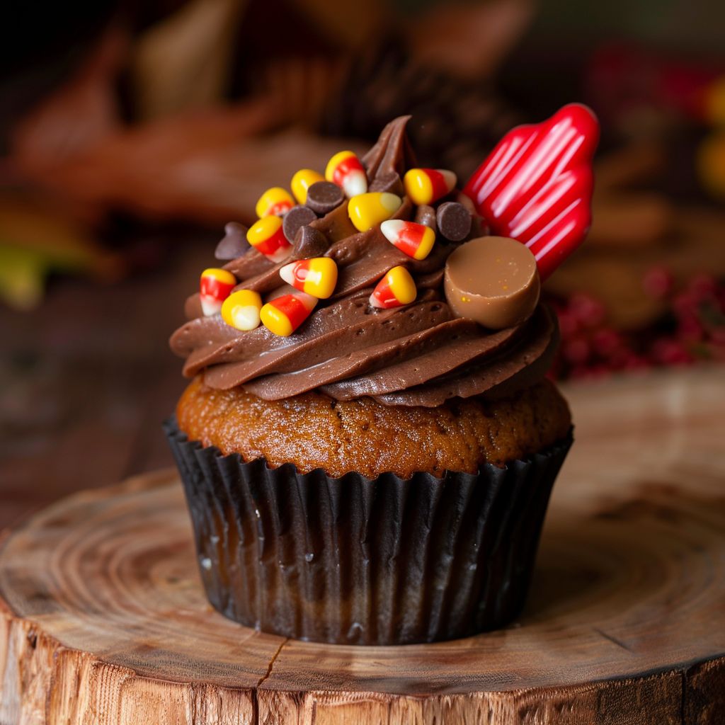 Close-up of beautifully decorated turkey-themed cupcakes with candy corn and mini chocolate chips.