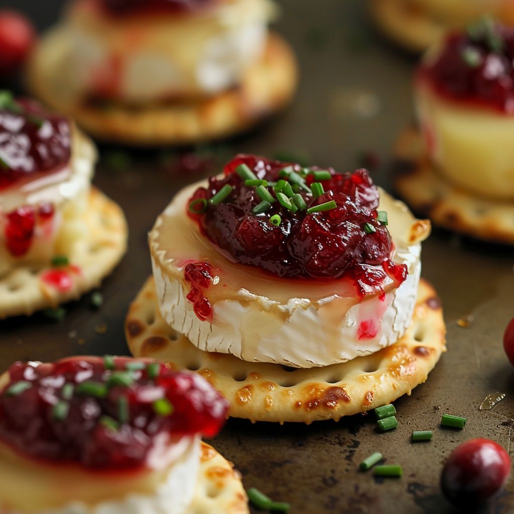 A close-up of No Bake Cranberry Brie Bites on a wooden surface.
