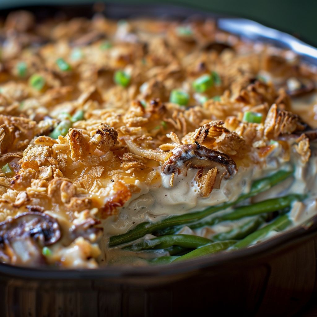 Close-up of a creamy green bean casserole topped with crispy onions, served in a rustic dish.