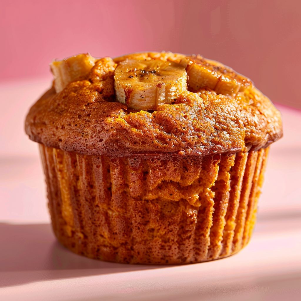 A close-up of pumpkin banana muffins on a pale pink surface, illuminated by natural light.