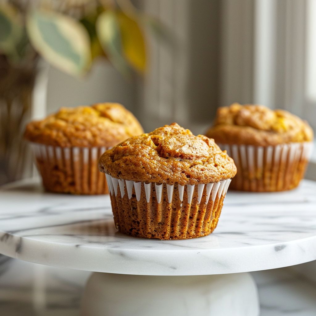Close-up of pumpkin banana muffins on a white marble countertop, softly lit.