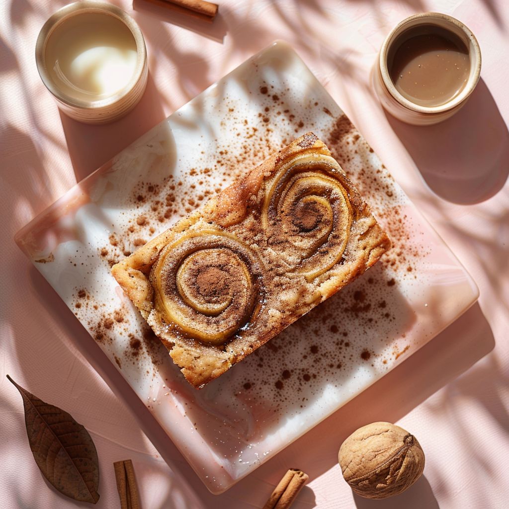 Top-down view of a slice of cinnamon swirl banana bread on a pale pink surface.