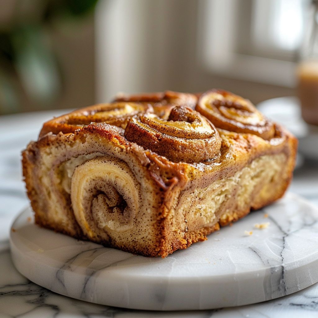 A slice of cinnamon swirl banana bread on a white marble countertop in bright natural light.