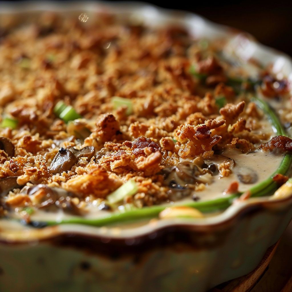 Close-up of a creamy green bean casserole topped with crispy onions in natural light.