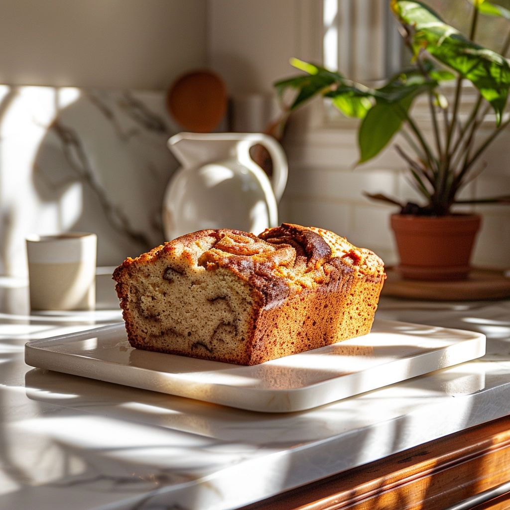 A slice of cinnamon swirl banana bread on a white marble countertop, illuminated by soft natural light.