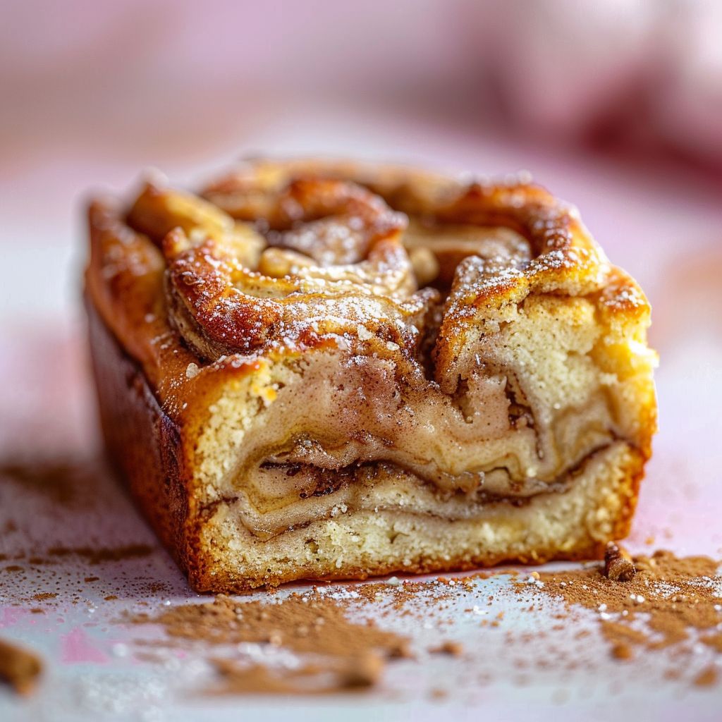 Close-up of a slice of cinnamon swirl banana bread on a pale pink surface.