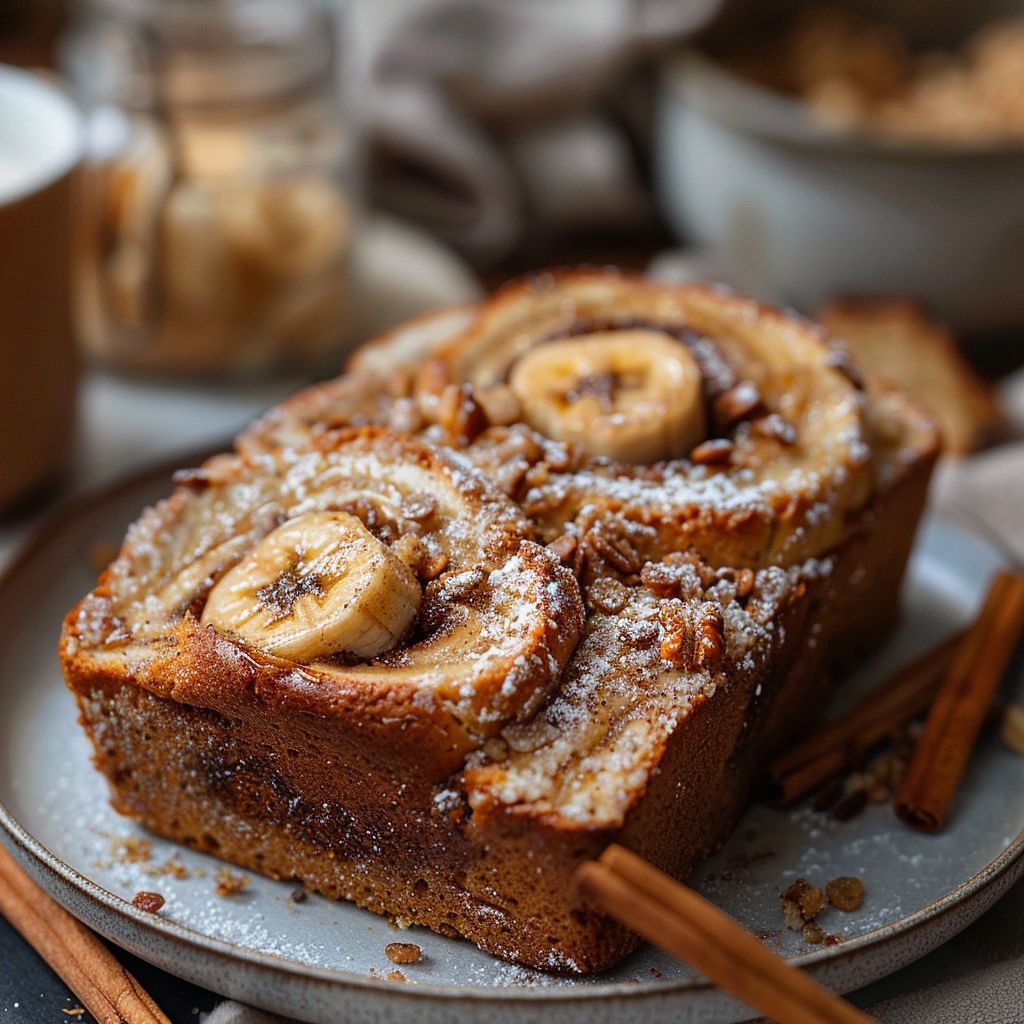 A close-up of a slice of cinnamon swirl banana bread on a light grey plate, showcasing its texture and rich colors.