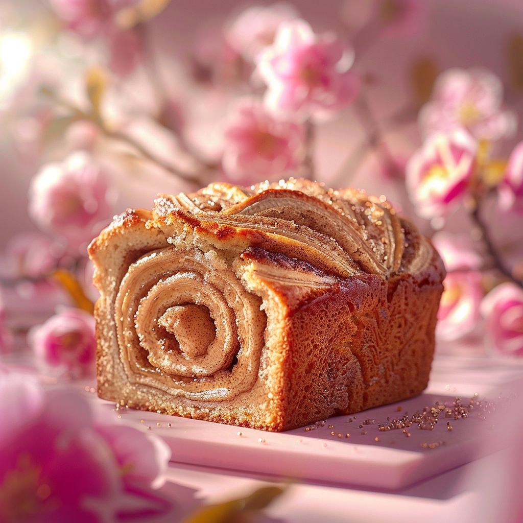 Close-up of a slice of cinnamon swirl banana bread on a pale pink surface.