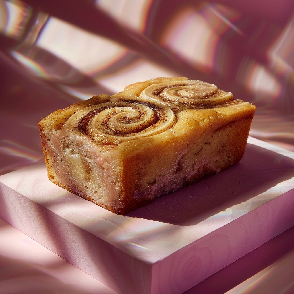 Sliced cinnamon swirl banana bread on a pale pink surface with natural light.