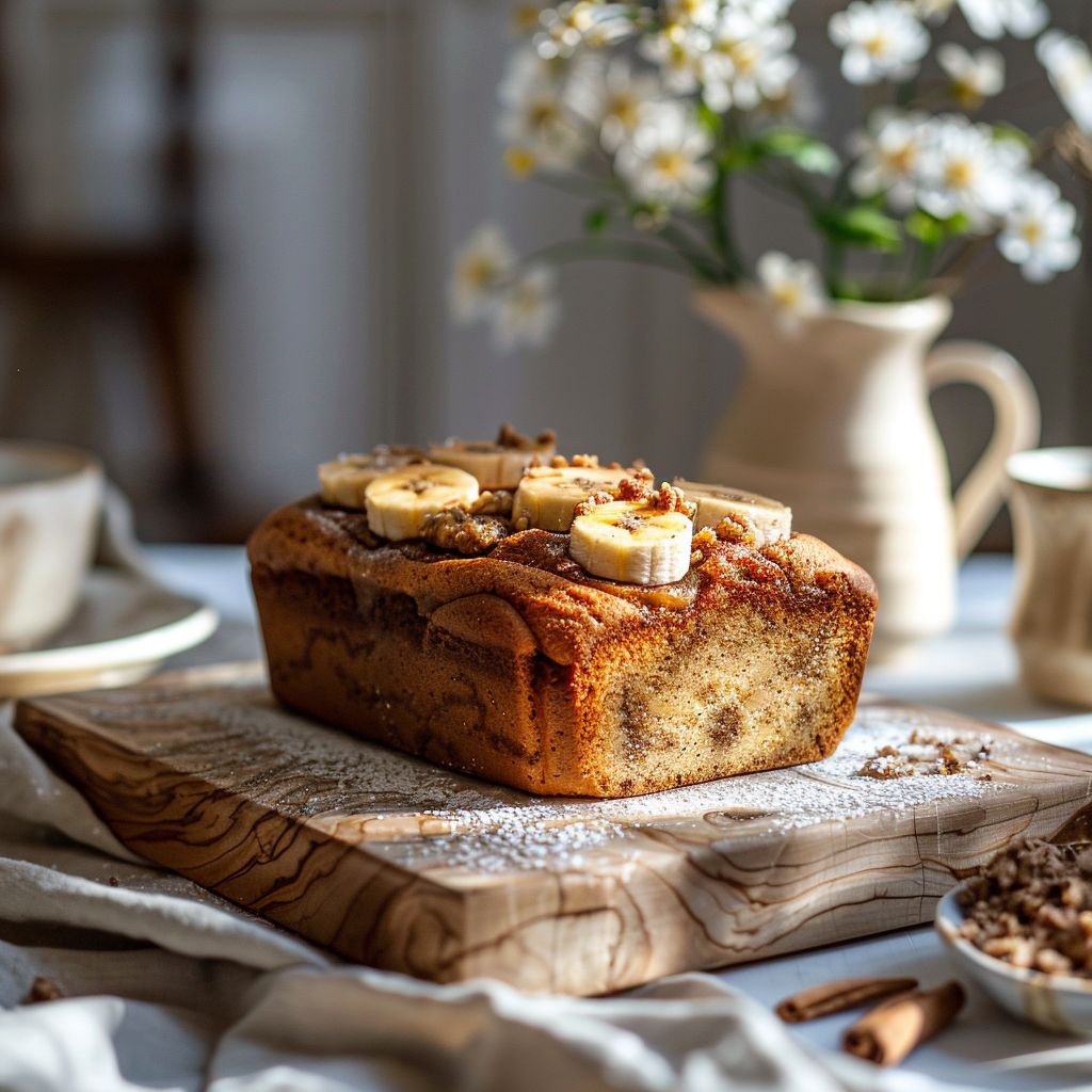 A slice of cinnamon swirl banana bread on a wooden board, illuminated by soft natural light.