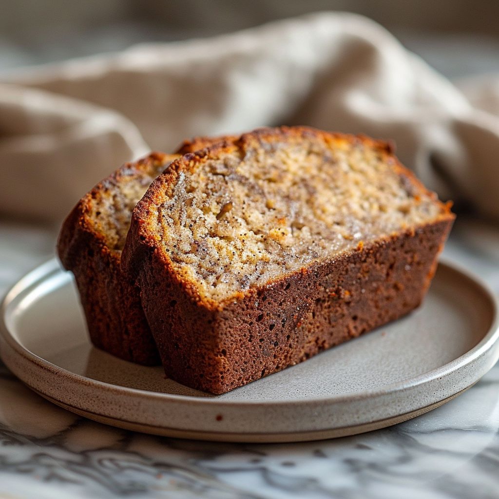 Close-up of a slice of gluten-free banana bread on a light grey plate.