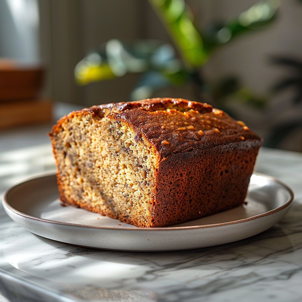 A perfectly sliced piece of gluten-free banana bread on a light grey plate, with bright natural light illuminating the scene.