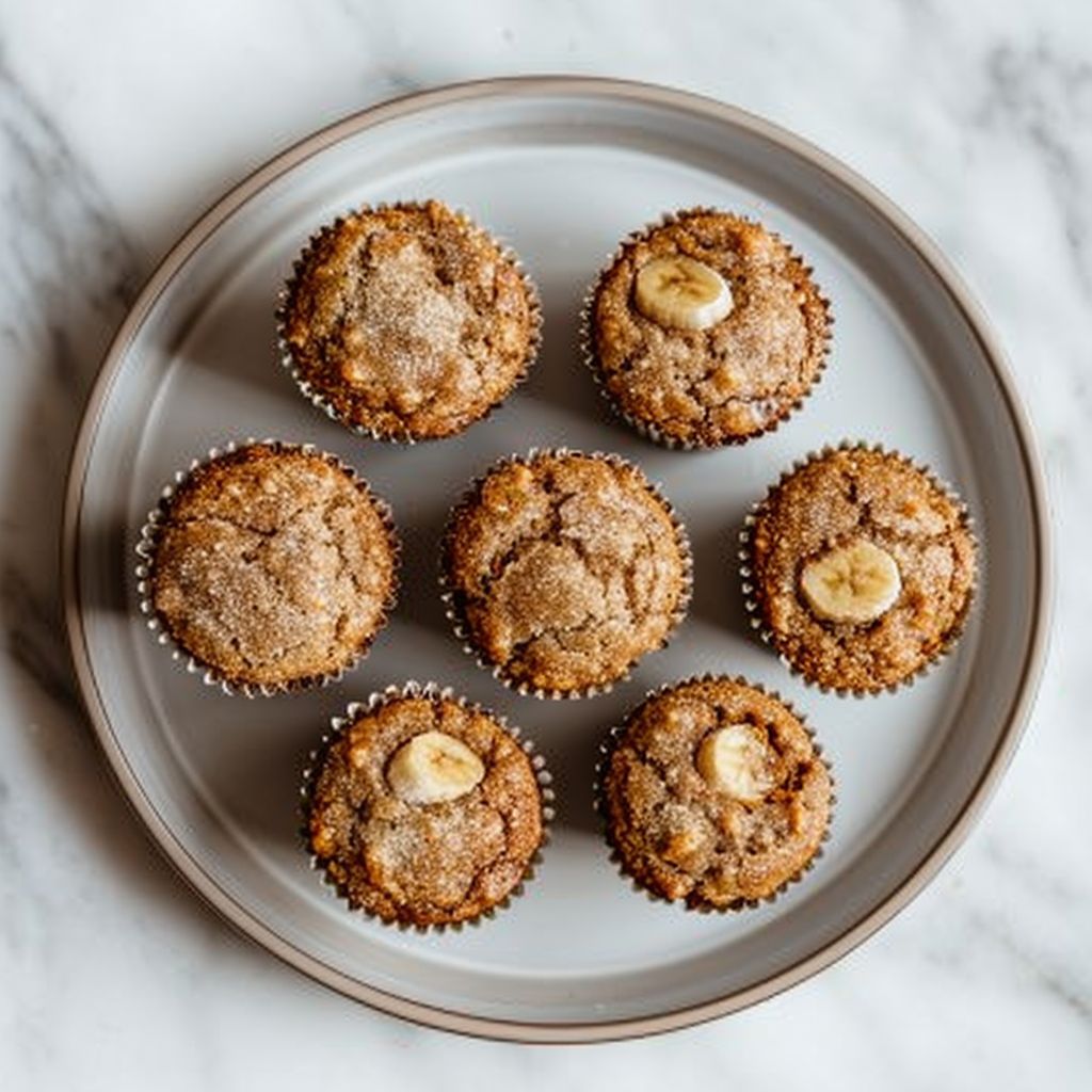 Top-down view of cinnamon banana bread muffins on a grey plate with soft lighting.