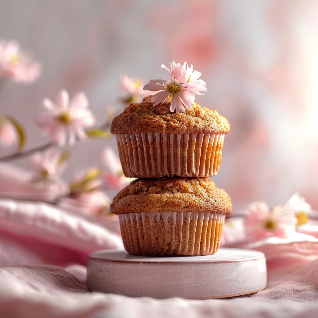 A close-up view of cinnamon banana bread muffins arranged on a pale pink surface.