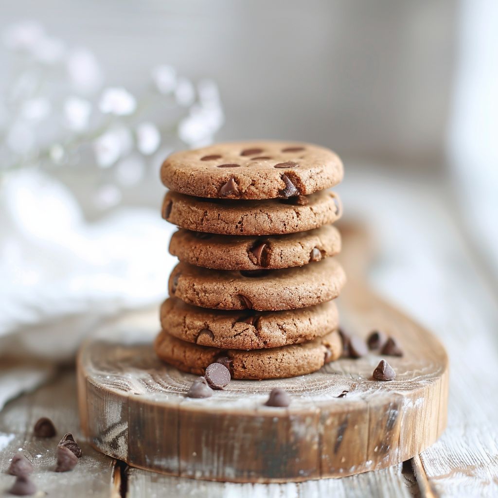 A top-down view of a stack of healthy banana bread chocolate chip cookies on a light wooden board.