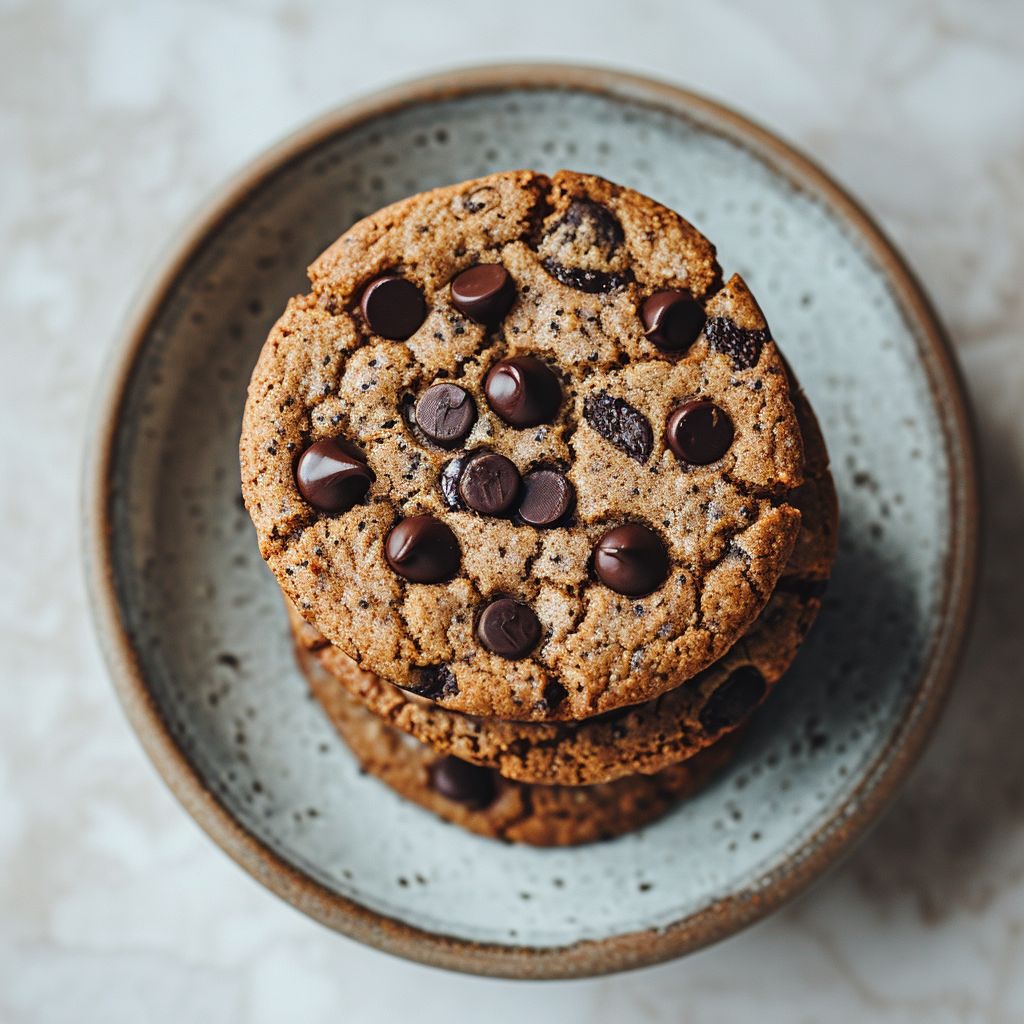 A top-down view of a stack of healthy banana bread chocolate chip cookies on a light grey ceramic plate.