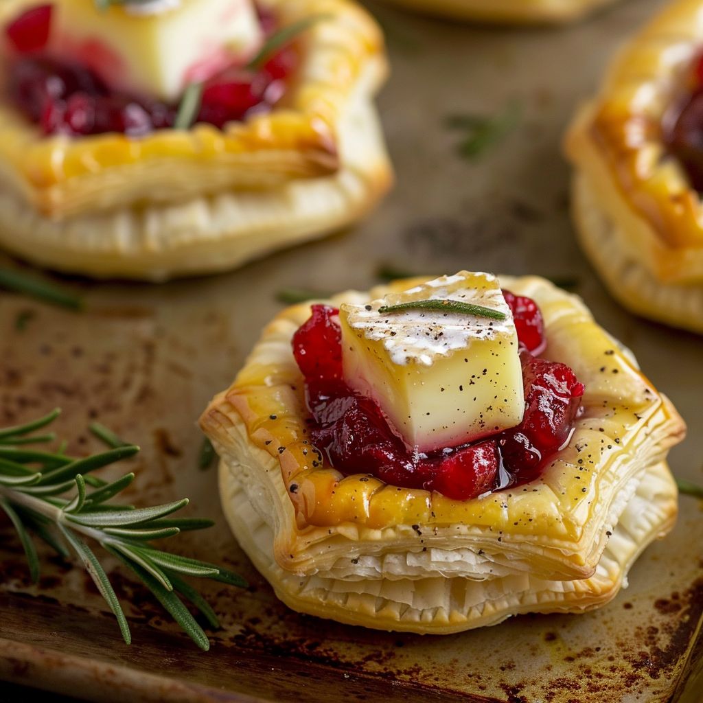 Close-up of golden-brown cranberry brie bites on a rustic wooden table.