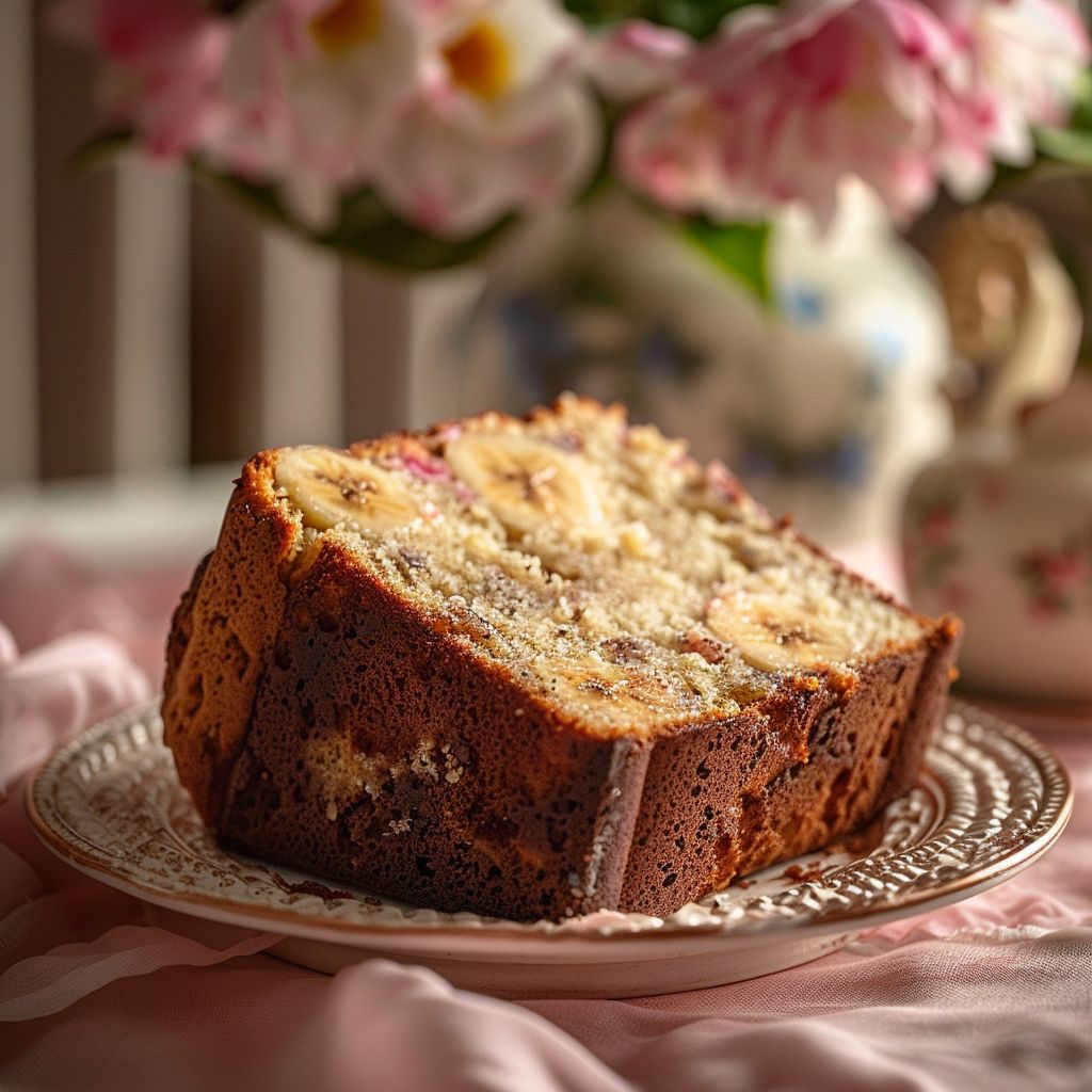 A close-up slice of banana bread on a pale pink surface, showcasing its moist texture and banana chunks.