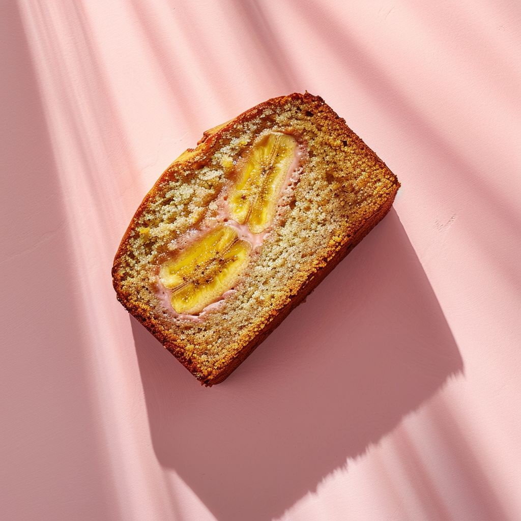 A perfectly sliced banana bread made with cake mix and pudding, displayed on a pale pink surface.