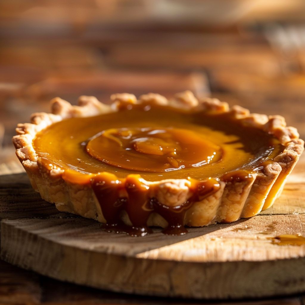 A close-up shot of pumpkin spice caramel tarts with a golden crust and drizzled caramel.