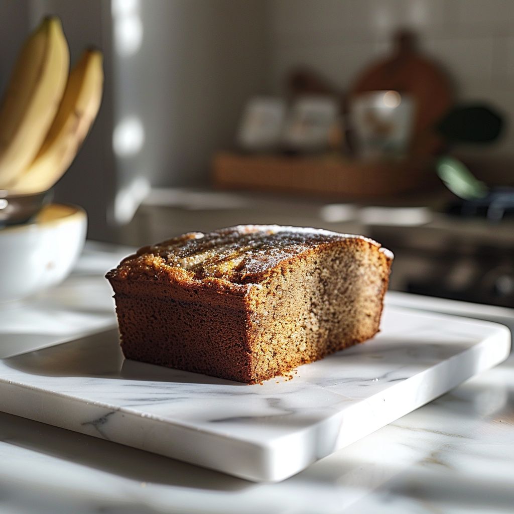 Close-up of a slice of moist banana bread on a white marble countertop.