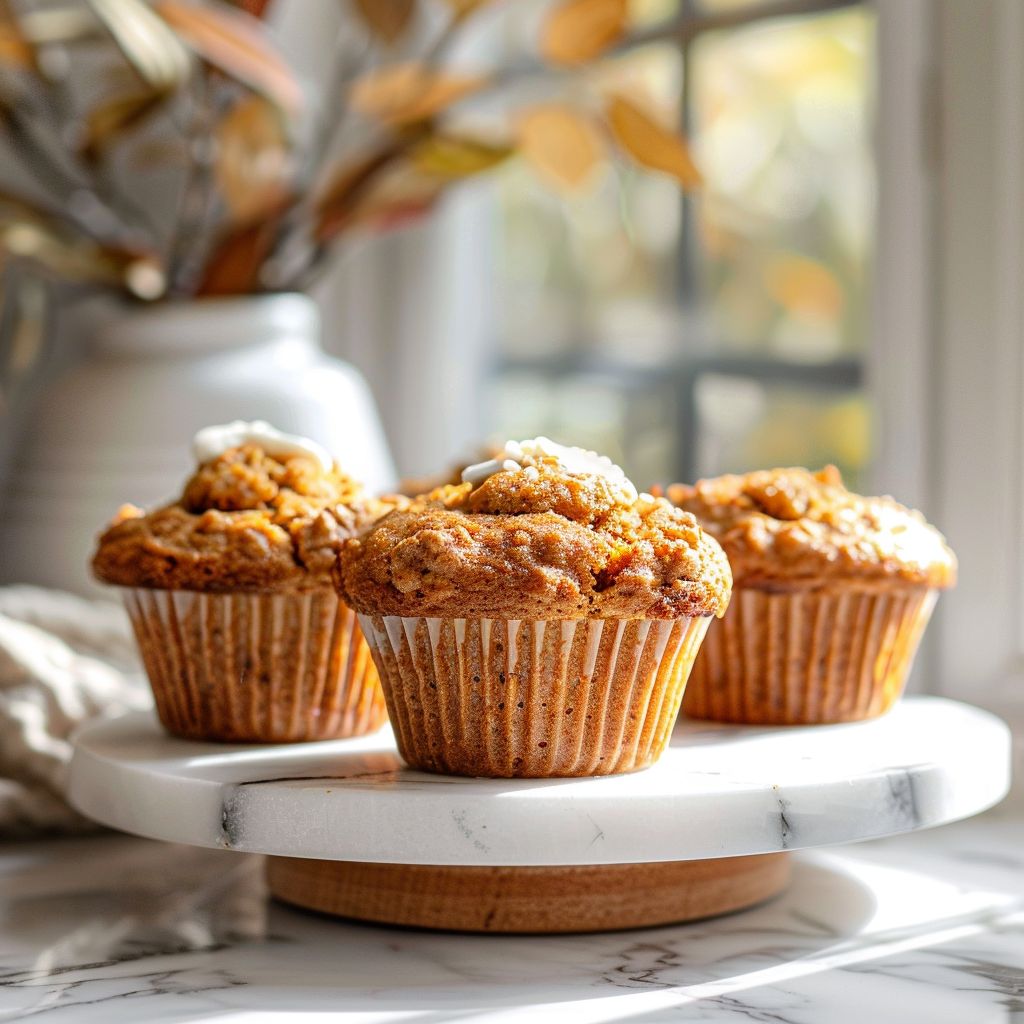 A close-up view of pumpkin banana bread muffins topped with cream cheese on a white marble countertop.