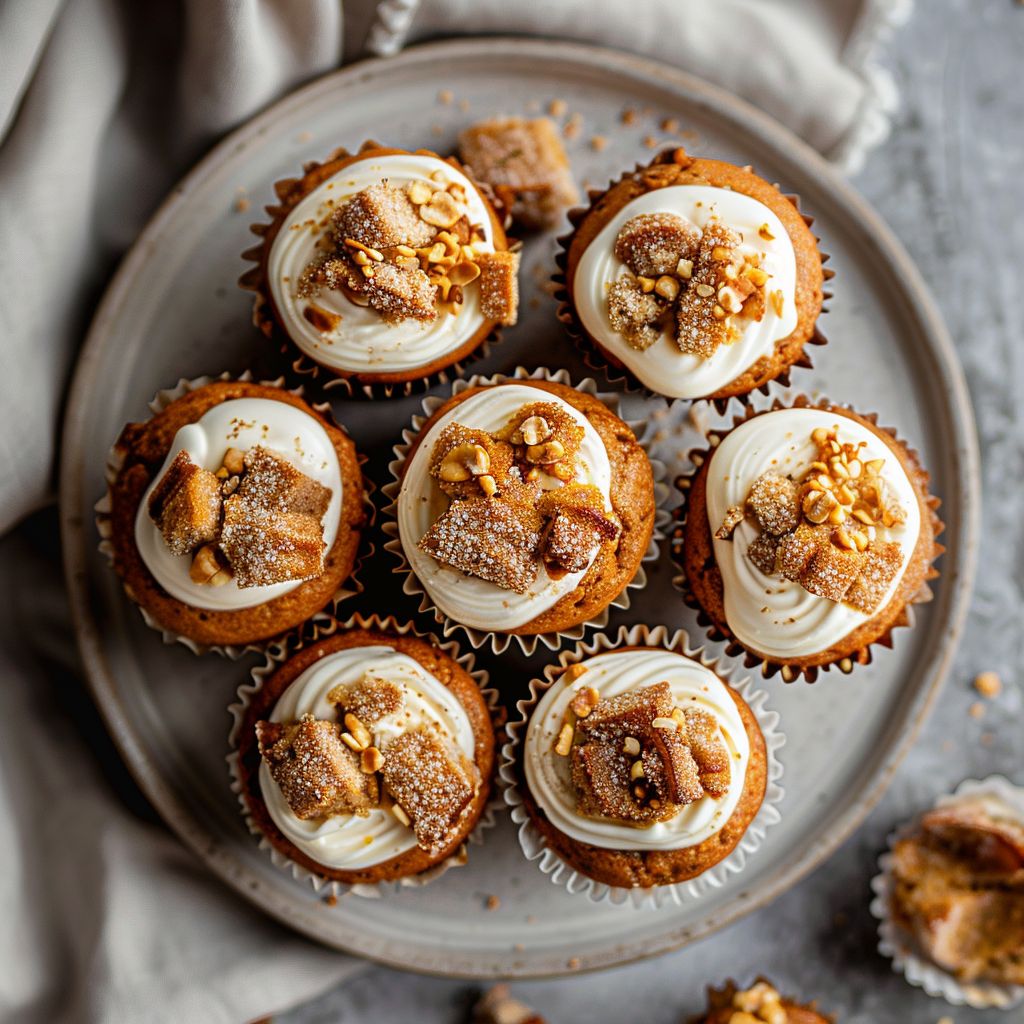 Flatlay of pumpkin banana bread muffins with cream cheese on a light grey plate.