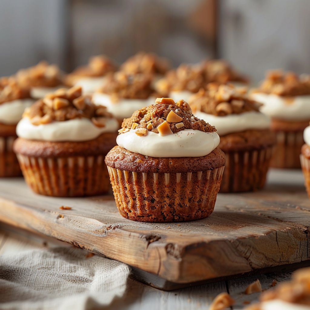 A close-up view of rich pumpkin banana bread muffins topped with cream cheese on a wooden board.