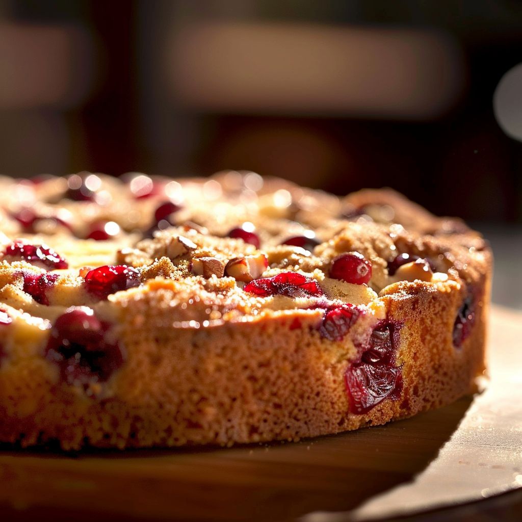 Close-up of a Cranberry Coffee Cake with textured surface, illuminated by warm natural light.