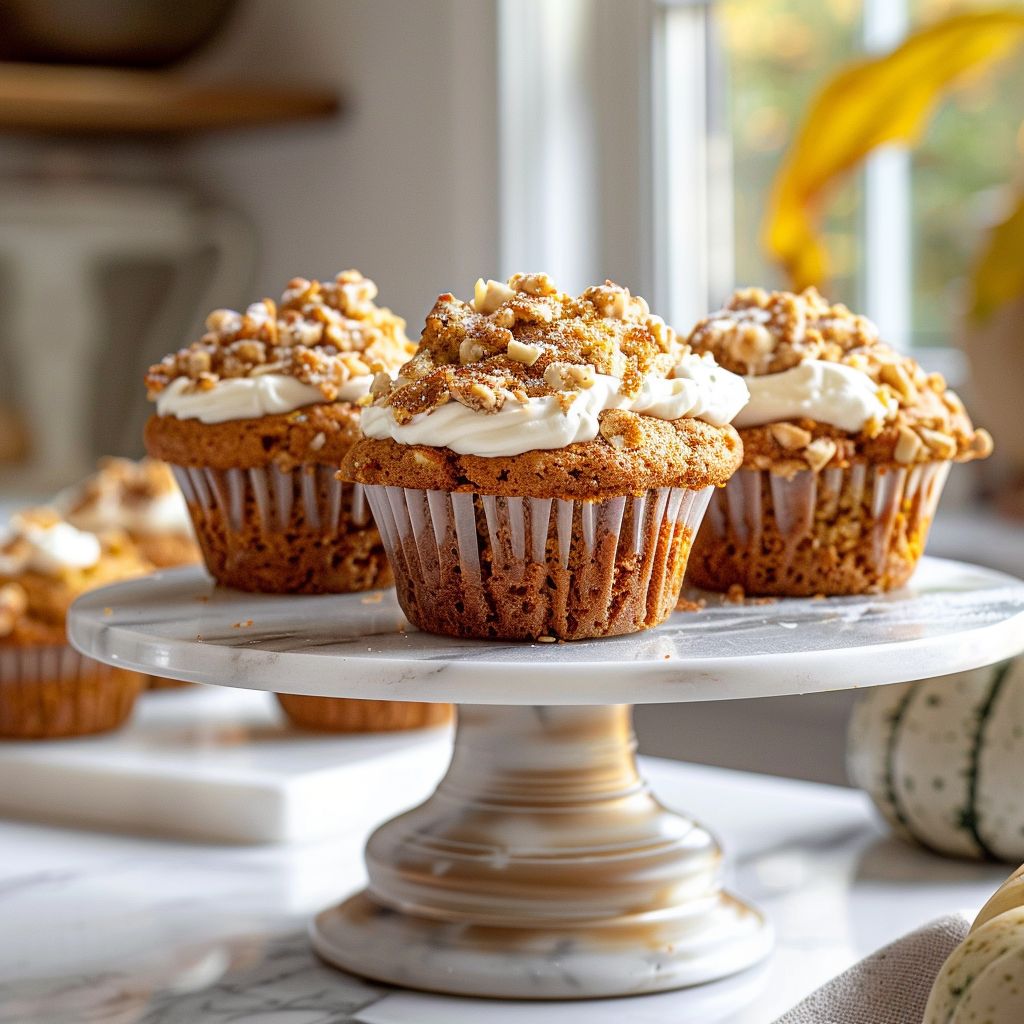 A close-up shot of rich pumpkin banana bread muffins topped with cream cheese on a white marble countertop.