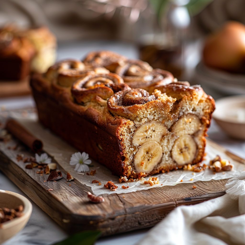 A slice of cream cheese cinnamon swirl banana bread on a light wooden board, elegantly styled.