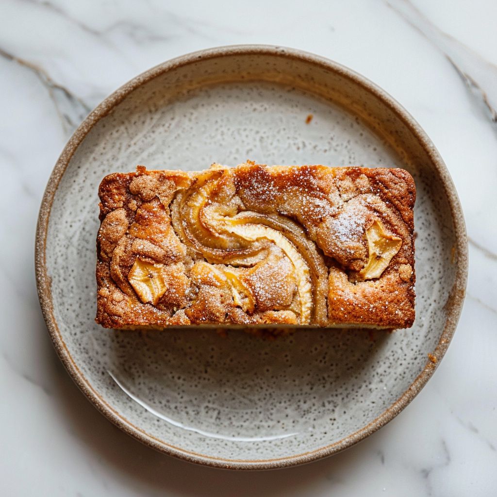 A top-down view of a slice of cinnamon swirl banana bread on a light grey plate.