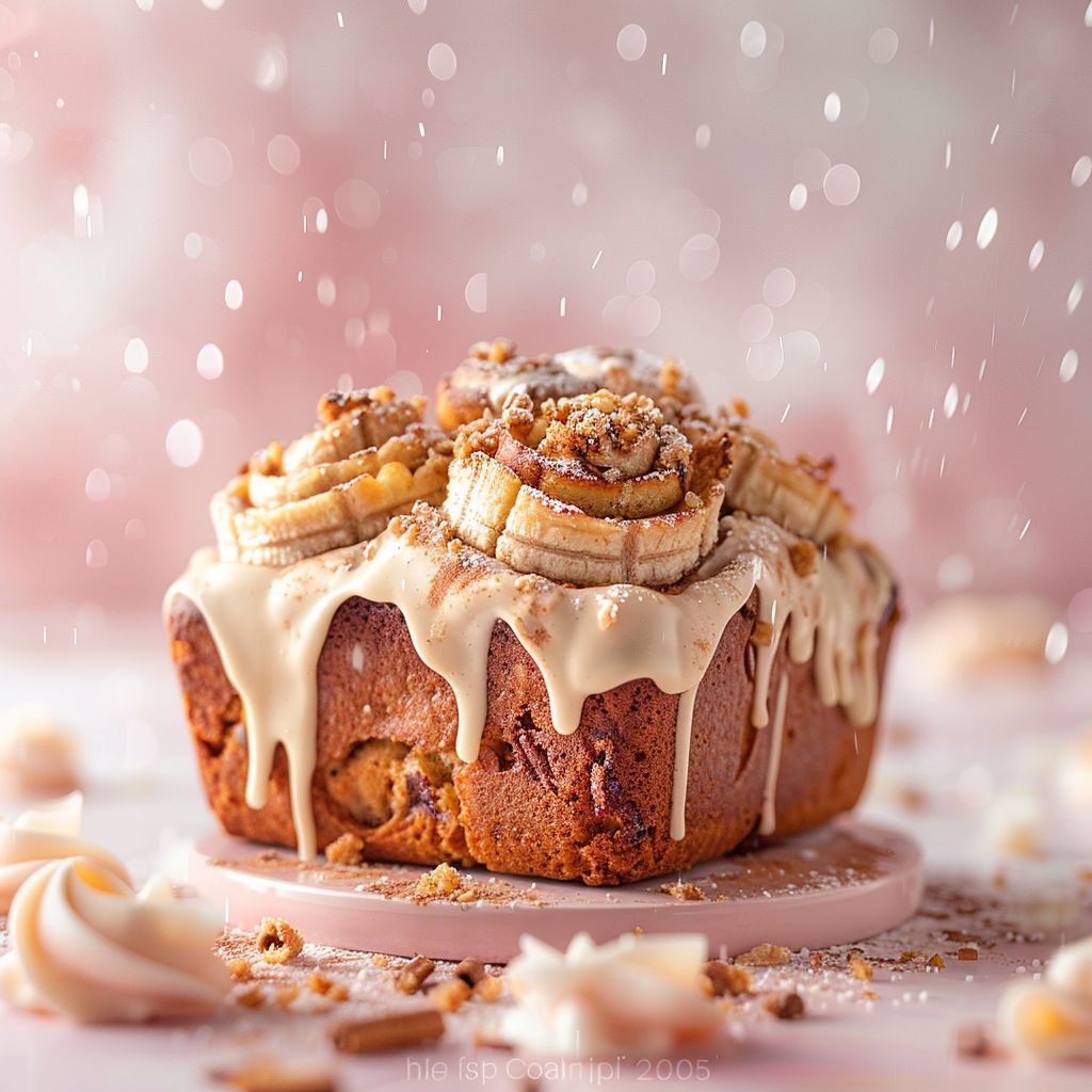 A slice of cinnamon swirl banana bread drizzled with sweet icing on a pale pink surface.