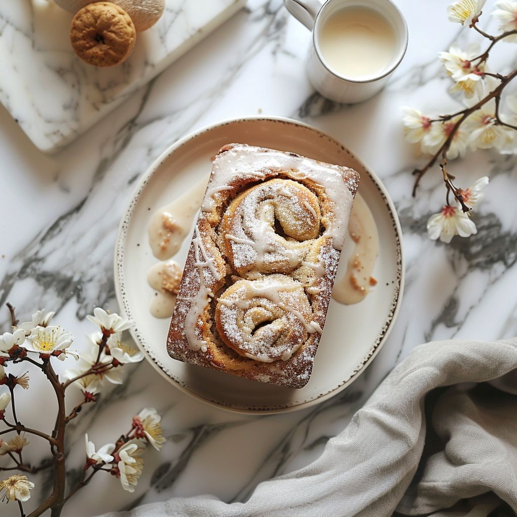 Top-down view of a slice of cinnamon swirl banana bread topped with sweet icing on a marble countertop.