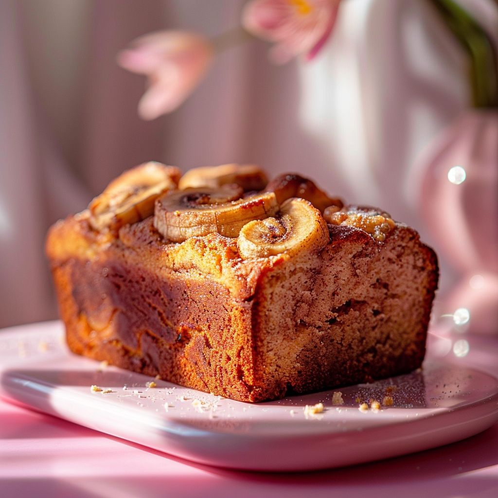 A slice of cinnamon swirl banana bread on a pale pink surface, illuminated by natural light.