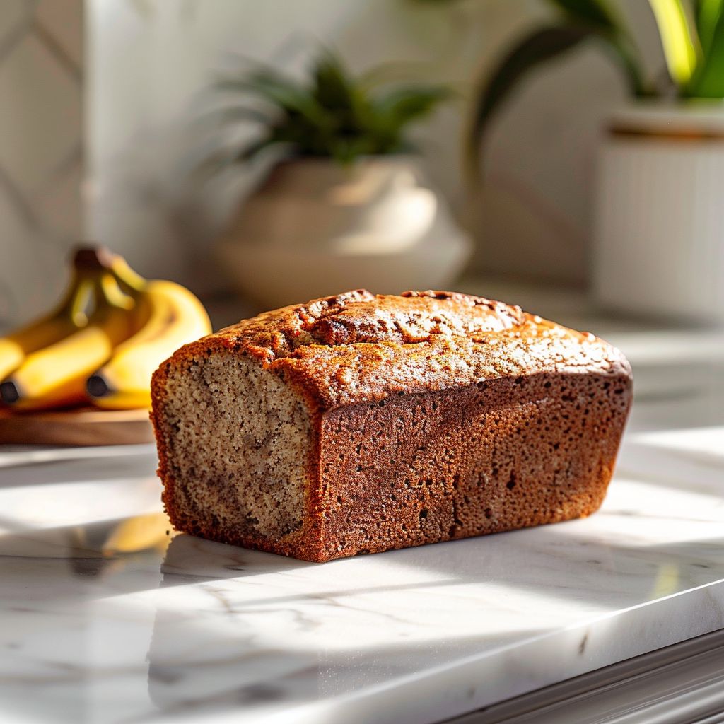 A close-up view of a cinnamon banana bread loaf on a white marble countertop, illuminated by natural light.