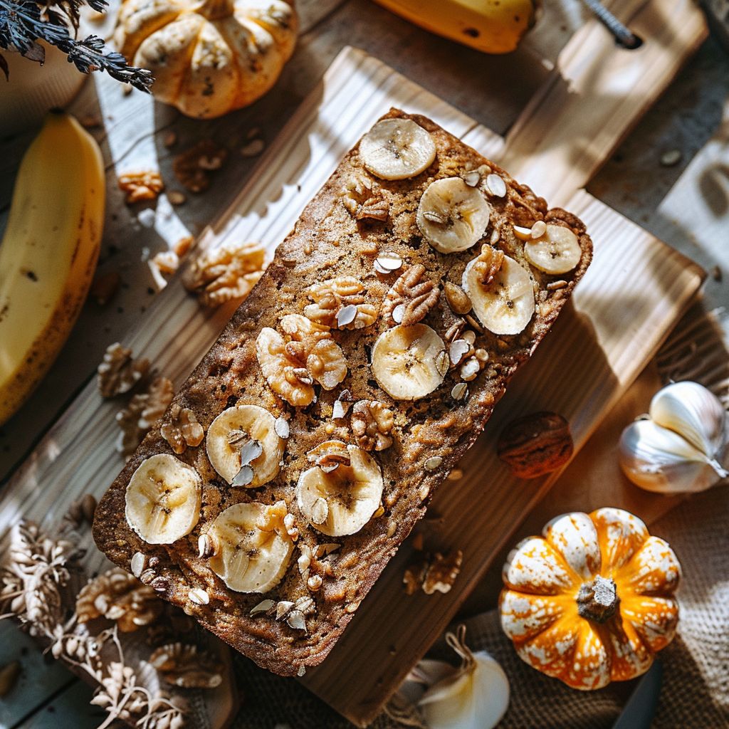 Top-down view of vegan pumpkin banana bread on a light-washed wooden board, featuring soft natural light and minimal shadows.