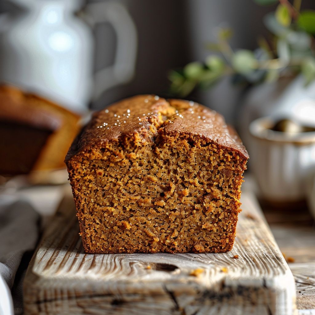 A slice of vegan pumpkin banana bread on a wooden board, showcasing its moist texture and spices.