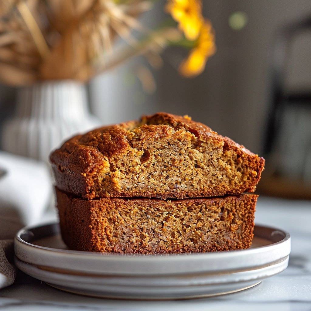 A close-up of a slice of vegan pumpkin banana bread on a light grey plate, with a soft blurred background.