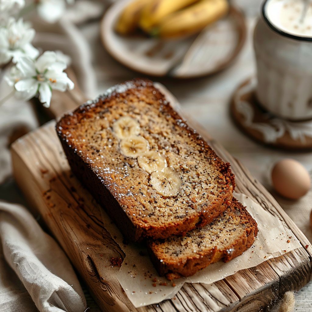 Top-down view of a perfect slice of banana bread on a light wooden board with natural light.