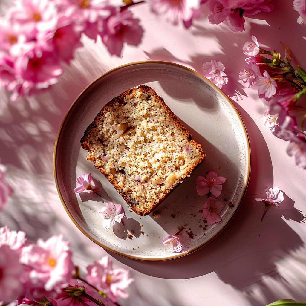 Top-down view of a slice of cake mix banana bread on a pale pink surface, surrounded by soft lighting.