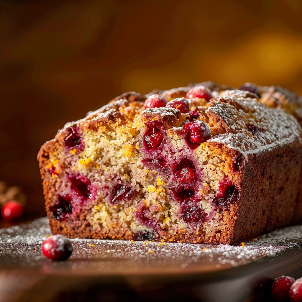 A close-up of a Cranberry Orange Loaf showcasing its golden crust and vibrant cranberries.