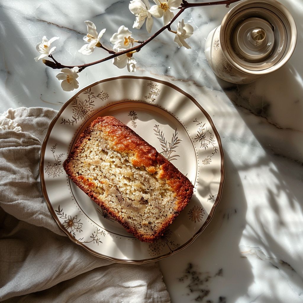 A perfectly sliced banana bread made from cake mix, elegantly placed on a white marble countertop.