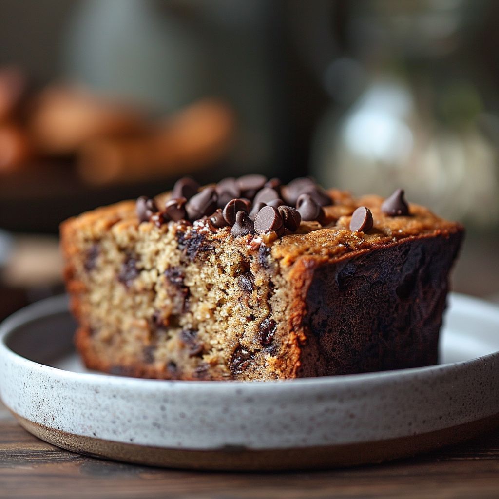 Close-up of a slice of banana bread with chocolate chips on a light grey ceramic plate.
