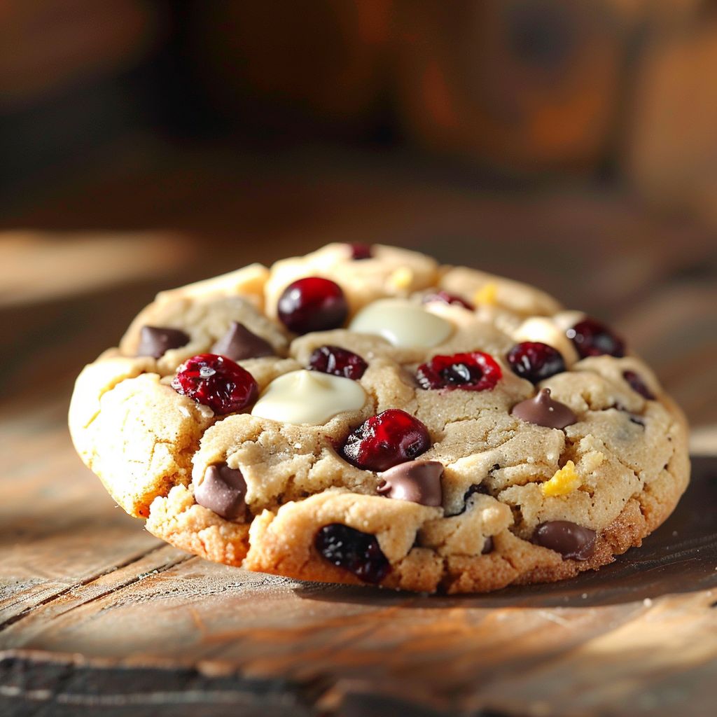 Close-up view of freshly baked white chocolate cranberry cookies, showcasing texture and vibrant cranberries.