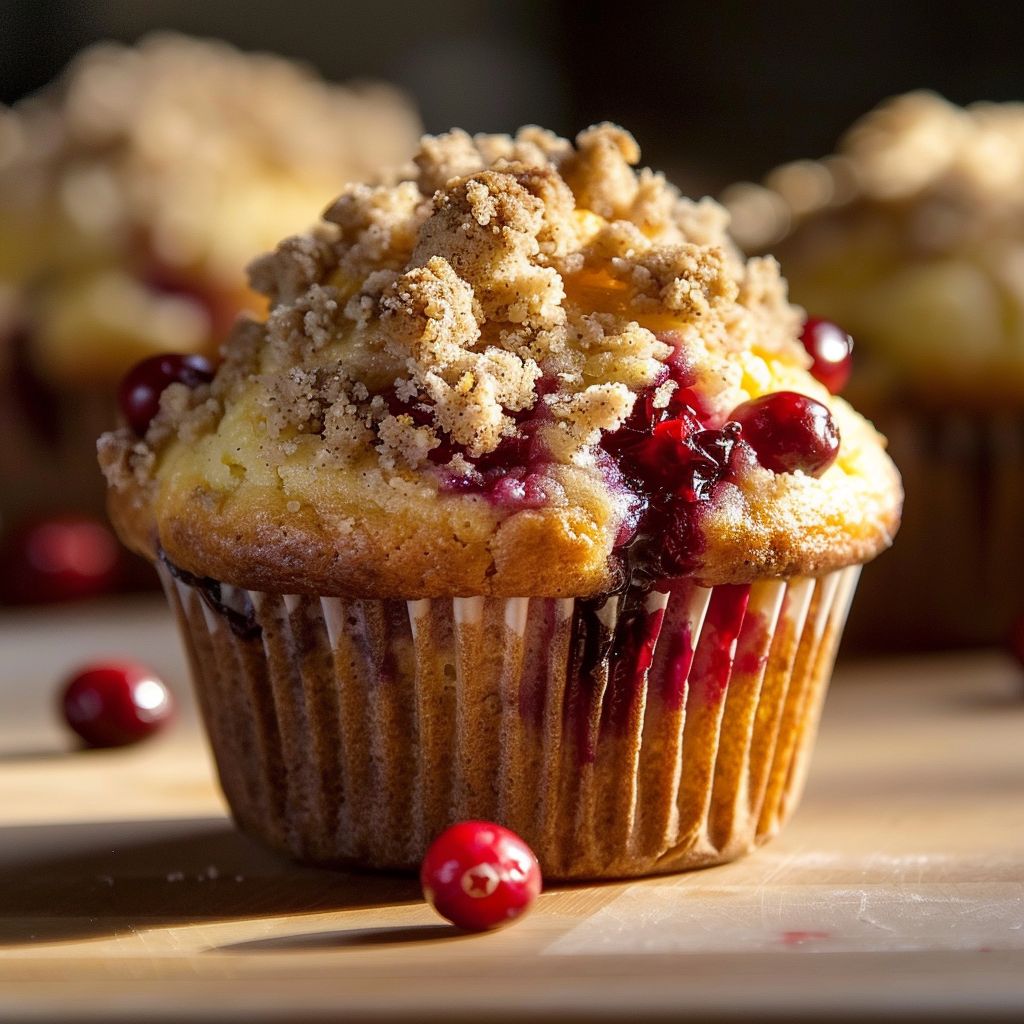 Close-up of a freshly baked cranberry orange muffin topped with a crumbly streusel, showcasing its texture.