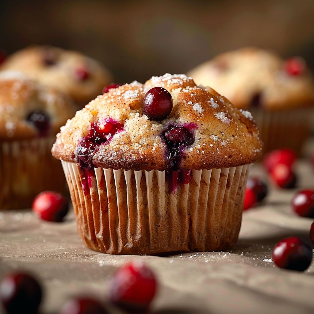 A close-up of freshly baked cranberry muffins with a golden-brown top, displayed on a rustic wooden surface.