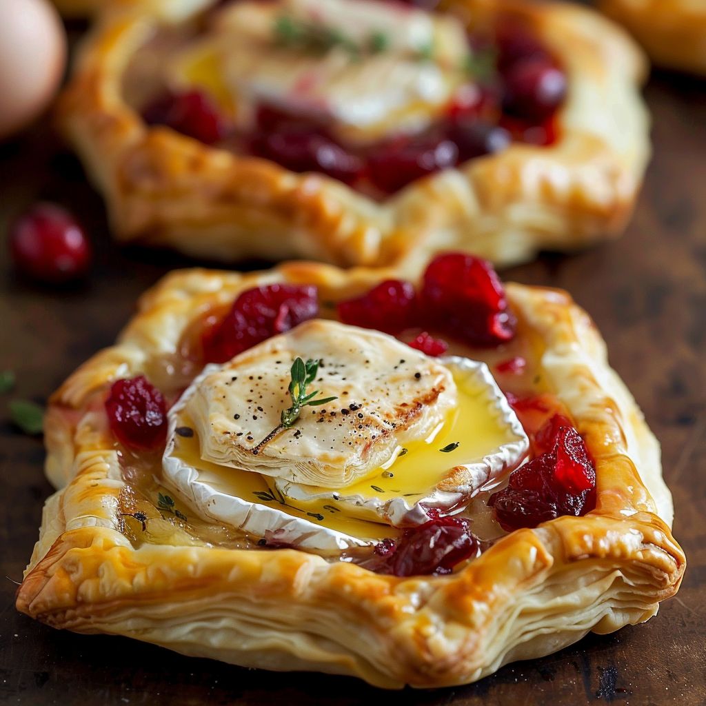 A close-up of savory cranberry and brie tartlets on a wooden board, featuring a golden puff pastry crust.