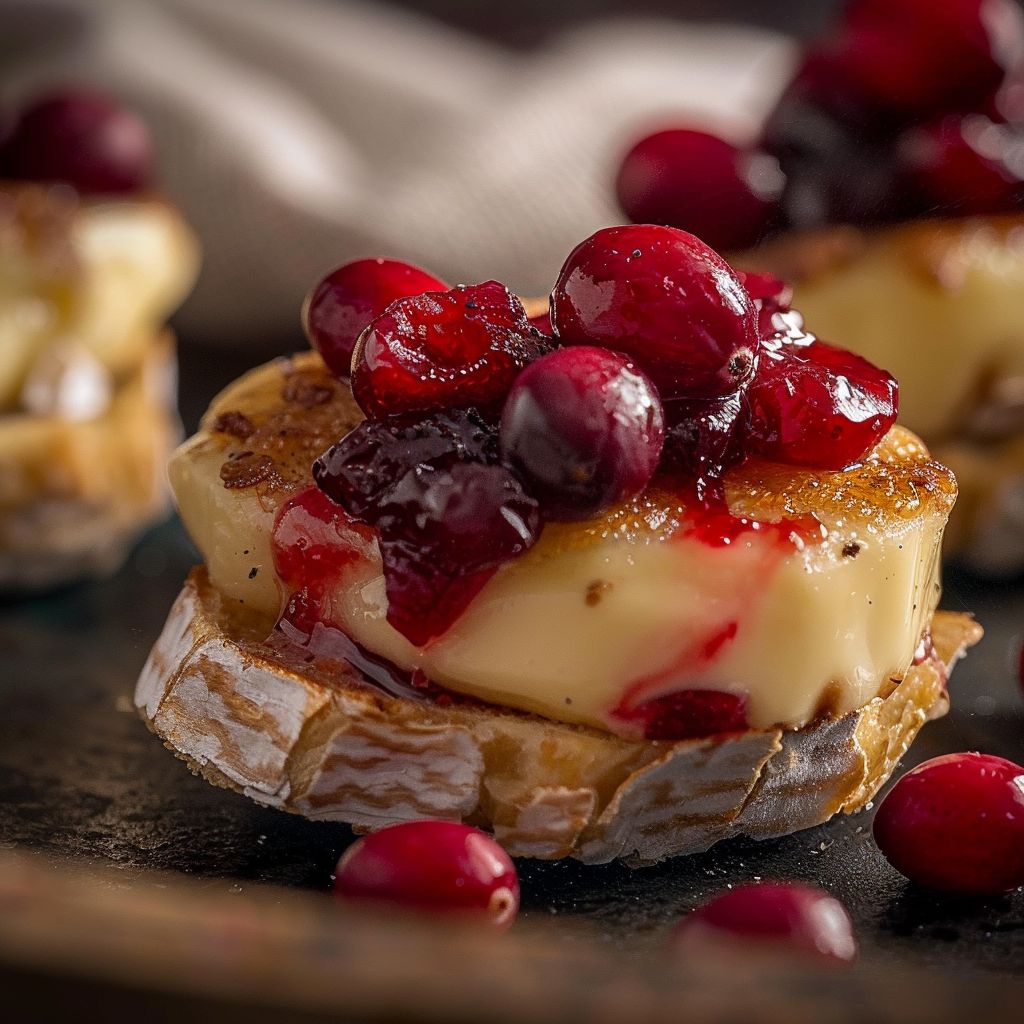 Close-up of Air Fryer Cranberry Brie Bites with a golden crust and glistening cranberry topping.