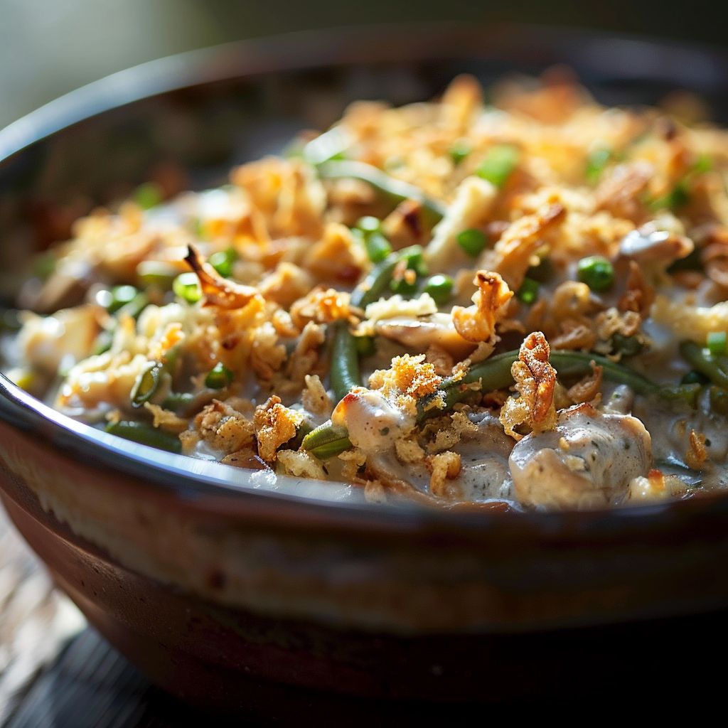 Close-up of a steaming Greenbean Casserole topped with crispy onions.